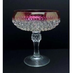 Indiana Glass Diamond Point Ruby-Flashed Compote Pedestal Bowl Vintage RARE